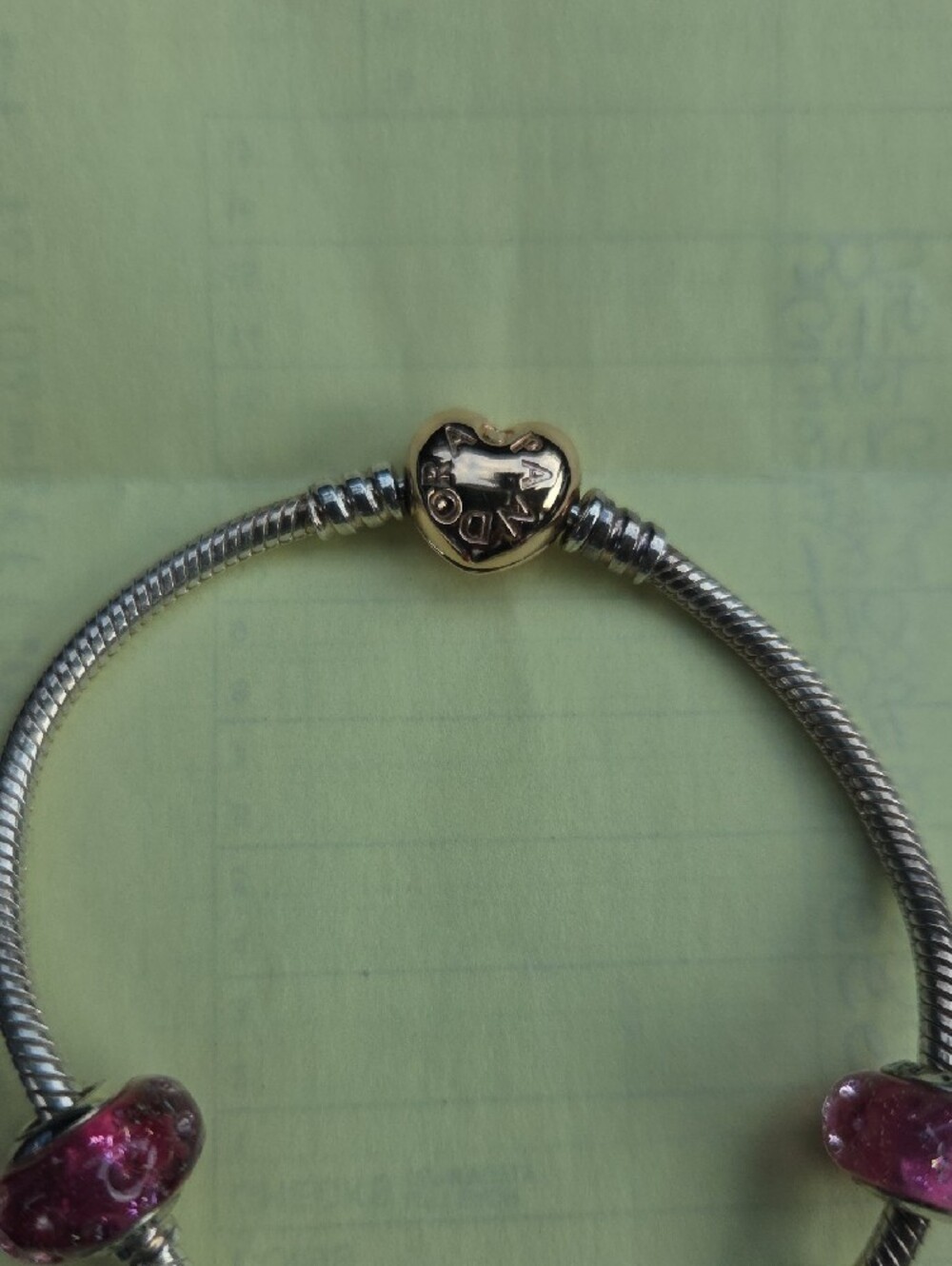 Pandora Silver Snake Bracelet with Pink Glass Beads and Gold Heart Clasp - Picture 3 of 3